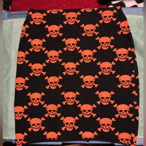 Skull Patterned Pencil Skirt in Black and Orange